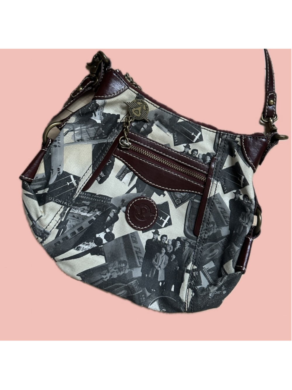 Vintage Sydney Love Air Line Print Shoulder Bag Y2K Canvas Leather Burgundy Trav